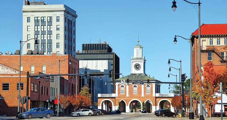 Downtown Fayetteville, North Carolina with the historic Market House